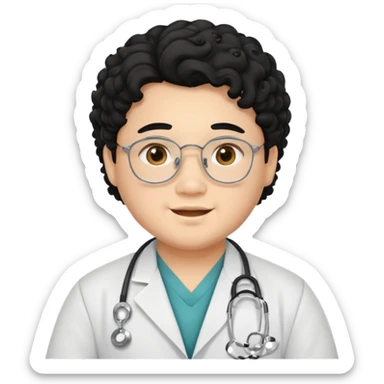 a young asian chubby male doctor with black long curly hair and cheerful face without gpasses sticker