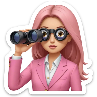 futuristic-looking woman with long hair in an intensive color pink suit looking through binocular, viewed from an angled perspective. Binoculars must be two-eyed sticker