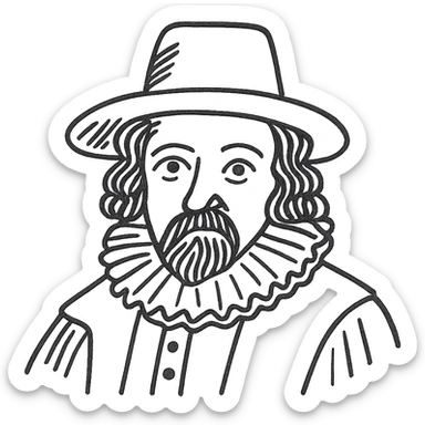 a hand drawn black outline portrait of philosopher Francis Bacon with similar-sized eyes based a famous portrait of him sticker