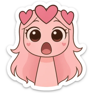 Change the pink character with heart hair to a surprised expression, with wide eyes and open mouth, in chibi stickers style. sticker