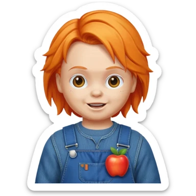 Chucky doll emoji with orange hair, blue overalls, mischievous grin, apple style emoji sticker