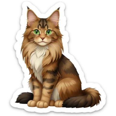 A light brown and black long haired Maine coon cat with green eyes sitting down and facing forward sticker