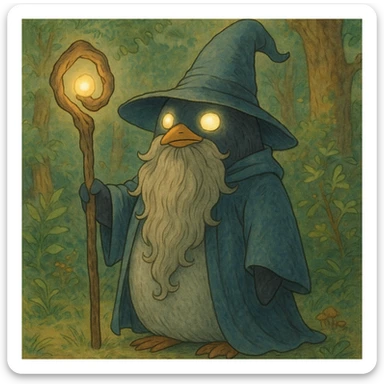 fantasy illustration of a penguin wizard with a long beard, mystical staff, and glowing eyes sticker
