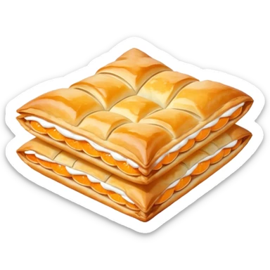 pastelito de batata, folded pastry layers, orange filling visible, sparkling sugar on top sticker