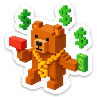 Russian grizzly bear with a rapper chain and money gun, surrounded by dollar signs sticker