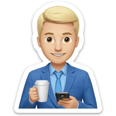 Confident and outgoing male entrepreneur, Caucasian features, blonde hair, big friendly smile, expressive eyes, defined eyebrows, wearing a blue blazer over a light blue shirt, holding a smartphone in one hand and a coffee cup in the other, waist-up, front-facing sticker