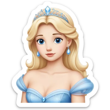 Cinematic Timeless Cinderella Portrait Emoji, rendered in a realistic, simplified vector style. Depict a classic Cinderella with delicate fair skin, beautifully styled blonde hair, and a calm, content expression, dressed in her iconic gown. The design is highlighted by a soft glowing outline and gentle, enchanting luminosity, capturing the essence of pure fairy-tale elegance. sticker