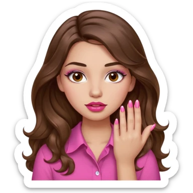 girl with long wavy brown hair, brown eyes, light to medium complexion, in a pink shirt, pink lips, long lashes, puckered lips, showing off painting nails sticker