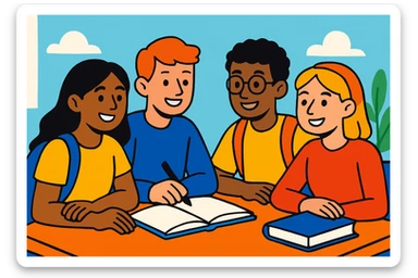 four students sitting together around a table, relaxed and smiling expressions, collaborative and friendly atmosphere, bright and pleasant background, modern illustration style sticker