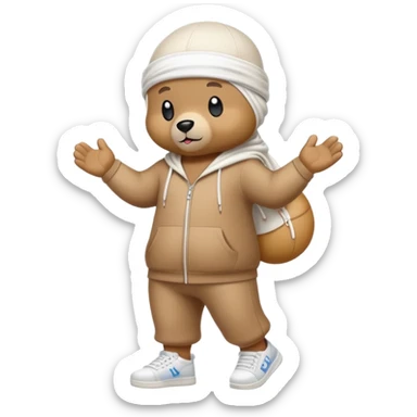 Full-length cartoon bear with white durag, standing on two legs, wearing trendy high-top sneakers, emoji style sticker