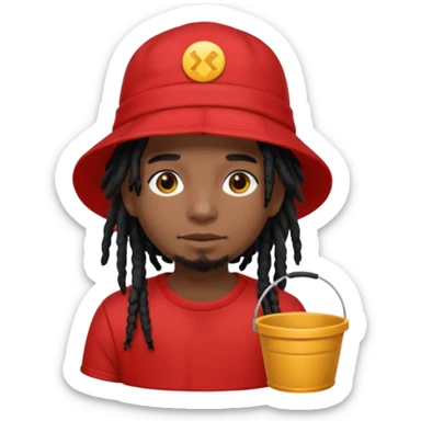 dark brown skin, black hair dreadlocks, wear red t-shirt, black bucket hat sticker