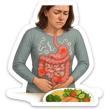 adult woman, realistic infographic style, intestinal problems, transparent illustration of intestine with stylized parasite symbols like small worms or icons, red inflamed areas, pained expression, hands on abdomen, healthy food plate in front, light background sticker