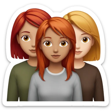 Can you create an image of 3 friends together one with red bright hair light skin one the other with brown hair with some blonde highlights in the hair fair skin the last one with light brown a tint of orange hair and dark brown hair sticker