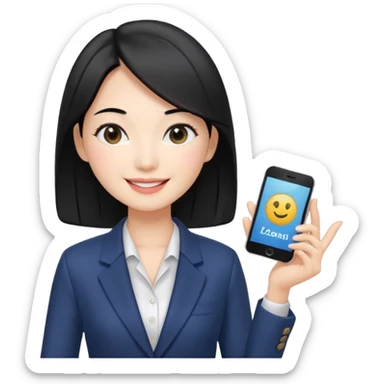 a korean cosmetics marketing expert women smiling with black hair, presenting sticker