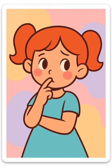 cartoon style girl with a finger in her mouth, shy expression, soft pastel colors sticker