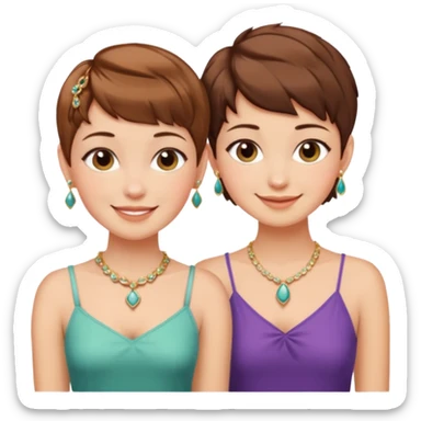 Fair skin and brown colored besties with brown hair pixie cuts wearing jewelry  both brown hair  sticker