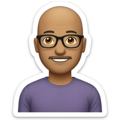 bald guy with light brown skin and square black glasses with little beard sticker