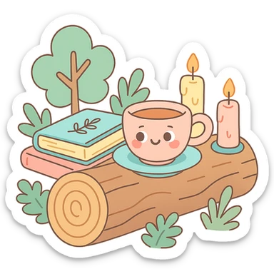 a log with tea, books, and candles, soft forest journaling mood, soft pastel colors, pastel-toon style sticker