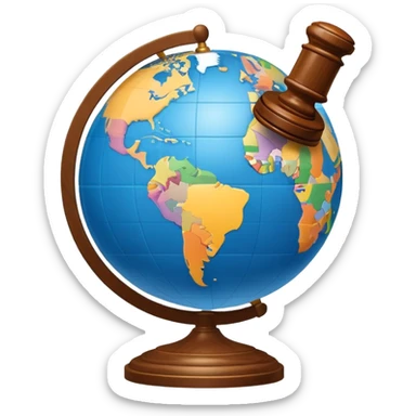 An icon featuring a globe with a gavel and a political map, symbolizing political science. The design includes a ballot box and a podium, representing democracy and governance. Transparent background highlights the study of political systems and global relations. sticker