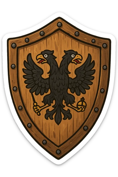 Деревянный щит 15 века с двуглавным российским орлом, рисованный стиль, немного мультящности, прозрачный фон sticker