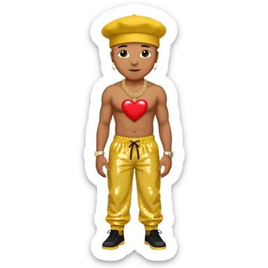 LL Cool J with yellow sequin baggy pants, shirtless with necklace with red heart, black hat sticker
