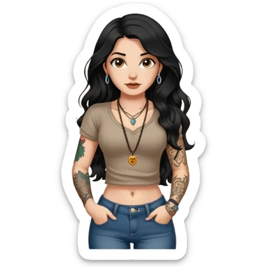 Fair skin girl - long black wavy hair - wearing a necklace - brown navel-baring short-sleeved shirt - jeans - tattoos on big arms sticker