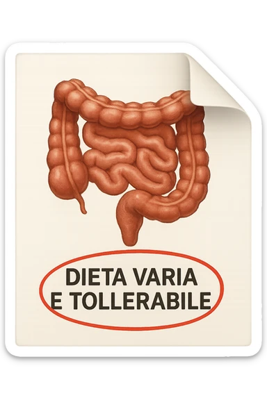 emoji stile iphone di un foglio con un INTESTINO disegnatO sopra e la scritta "DIETA VARIA E TOLLERABILE" CERCHIATA IN ROSSO, iperrealistico 4k, isolato su sfondo bianco sticker