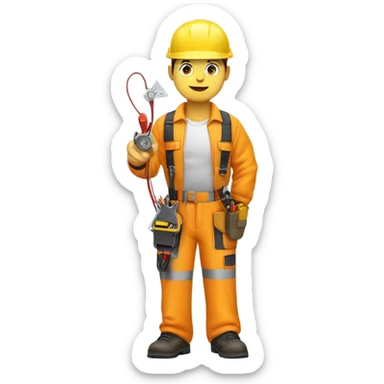electrician n a hard hat and jumpsuit, holding a coiled wire and a voltage tester, with a utility belt sticker