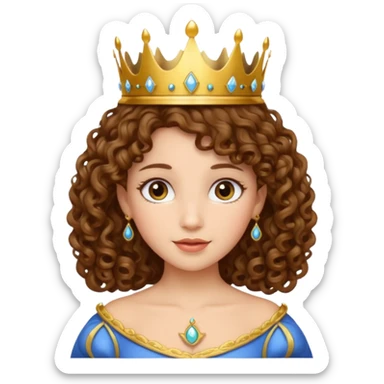 Princess with curly brown hair, small crown sticker