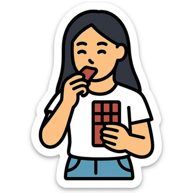 long haired Asian person eating chocolate, wearing white T-shirt and jeans sticker