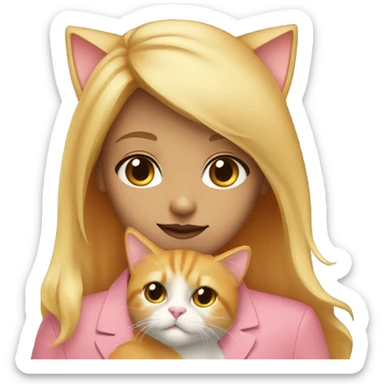 Blonde girl with brown eyes cuddling her fluffy orange tuxedo cat with gold eyes and pink nose sticker