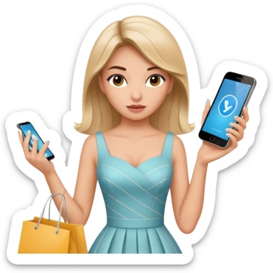 Glam girl tapping a big “buy” button on phone with subtle motion lines — impulsive first-minute shopper sticker