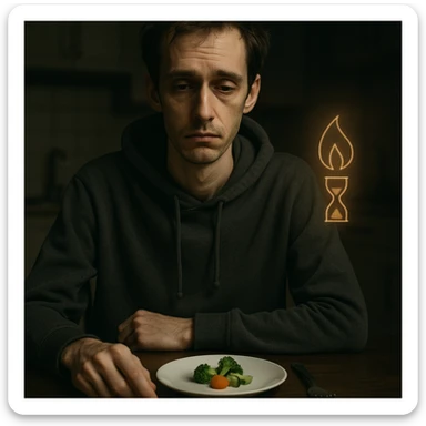 slim pale man in his 30s, tired, sitting at a table with a tiny portion of vegetables, wearing a hoodie, slow metabolism symbol like a dim flame or hourglass near him, dim kitchen lighting, vertical 2:3 aspect ratio sticker
