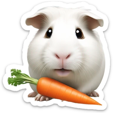 white guinea pig smiling holding carrot sticker