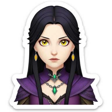 Morrigan from Dragon Age with long black hair and yellow eyes sticker