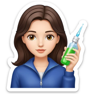 A  brunette girl with a dropper bottle in her hand with a glow skin and shiny healthy hair  sticker