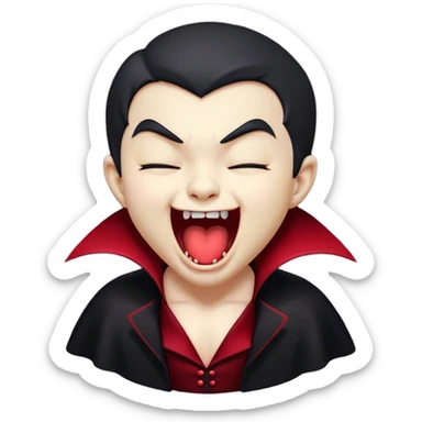 Cinematic Cute Yawning Vampire Portrait Emoji, with a small, rounded, charming pale face accented with tiny playful fangs and droopy, half-closed eyes, head tilted in an adorable wide yawn, dressed in miniature elegant dark attire with a hint of crimson, simplified yet irresistibly endearing, highly detailed with a soft, mysterious glow and gentle outline that captures the cute, drowsy side of an immortal! sticker