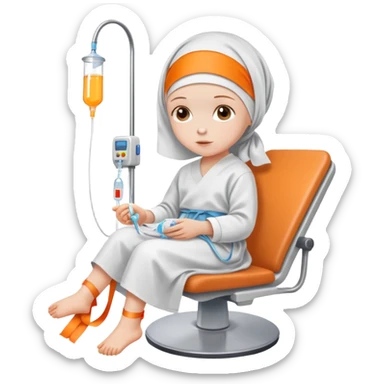 child leukemia patient with a headscarf sitting in a hospital chair with IV drip and orange ribbon symbol sticker