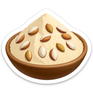 almond flour, small mound or scatter, pale ivory, fine and slightly grainy, matte, soft and airy, natural beige, finely ground blanched almonds, no extras, soft lighting, emoji scale sticker