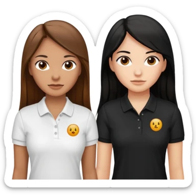 Dos mujeres juntas que una sea de color trigueña cabello largo castaño con una raya en medio polo blanco y de color blanca cabello largo negro polo negro, sticker