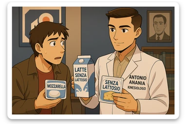 fai un webtoon manga a colori con questo stile, in cui un uomo ASCOLTA Il kinesiologo con il camice bianco (fagli anche la scritta "ANTONIO ANANIA" SUL CAMICE, IL KINESIOLOGO SPIEGA ALL'UOMO UNA MOSTRANDO VARI PRODOTTI DA SUPERMERCATO CONFEZIONATI (TIPO SCATOLA DI LATTE, MOZZARELLE CONFEZIONATE, FORMAGGIO CONFEZIONATO), OGNI CONFEZIONE HA LA SCRITTA "SENZA LATTOSIO SULL'ETICHETTA. L'UOMO OSSERVA IL KINESIOLOGO CON ESPRESSIONE CONFUSA IN VOLTO. non fare i fumetti però, fai solo in modo che sembri stiano parlando sticker