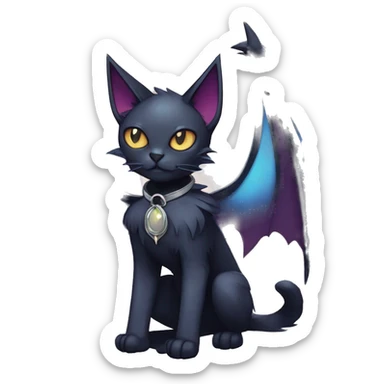   cool edgy beautiful anime-style ethereal dark-punk-themed animal vampiric cat-hybrid Fakemon with fangs and bat-wing-ears with a collar full body sticker