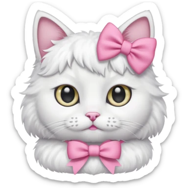 A white cat wearing a pink bow sticker