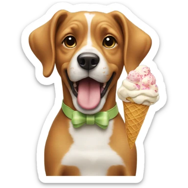 Dog eating icecream with a bow sticker