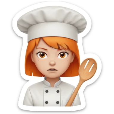 girl, Short orange hair, angry, wearing chef uniform and chef hat sticker
