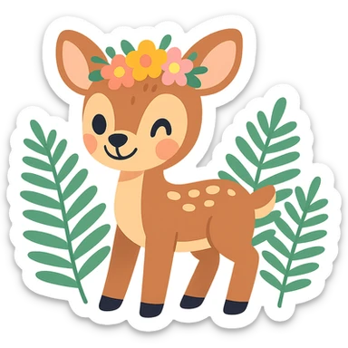 baby deer with a flower crown, surrounded by ferns, pastel toon style sticker