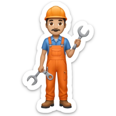 Indian male railway engineer orange overalls, boots holding a spanner sticker