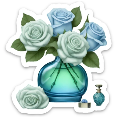 Aesthetic composition of soft blue roses with a vintage-style green  perfume bottle.
 sticker