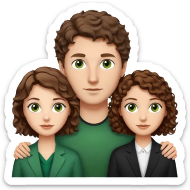 White Man in the middle with brown hair and green eyes, women next to him with short brown hair with slight waves, taller women on right side with shoulder length curly hair and brown eyes sticker