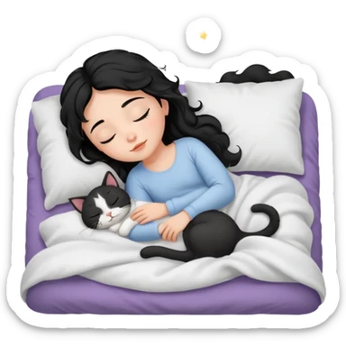 angelic sleeping black wavey hair girl in the bed with her cats sticker